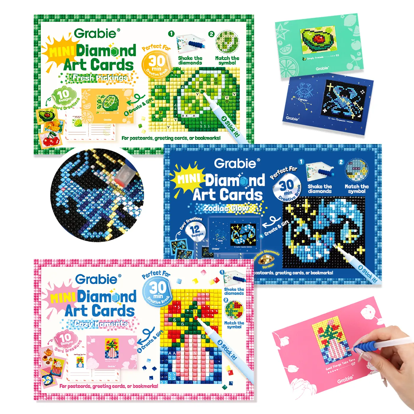 Grabie Mini Easy Diamond Painting Kit - Relaxing Craft, Beginner-Friendly, Premium 700gsm Cardstock Supplies, Writable Backs, Display-Worthy Handmade Postcard Artwork for Back to School Class Reward Gifts, Premium Cardstock