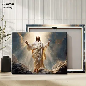 2D Flat, 1pc Christ Religious Wall Art - Pine Wood Framed Canvas Painting, Elegant Christ with Radiant Light & Mountain Backdrop, Gallery-Wrapped Christian Icon for Home, Office, Church Decor - Spiritual Gift for Birthday, Easter