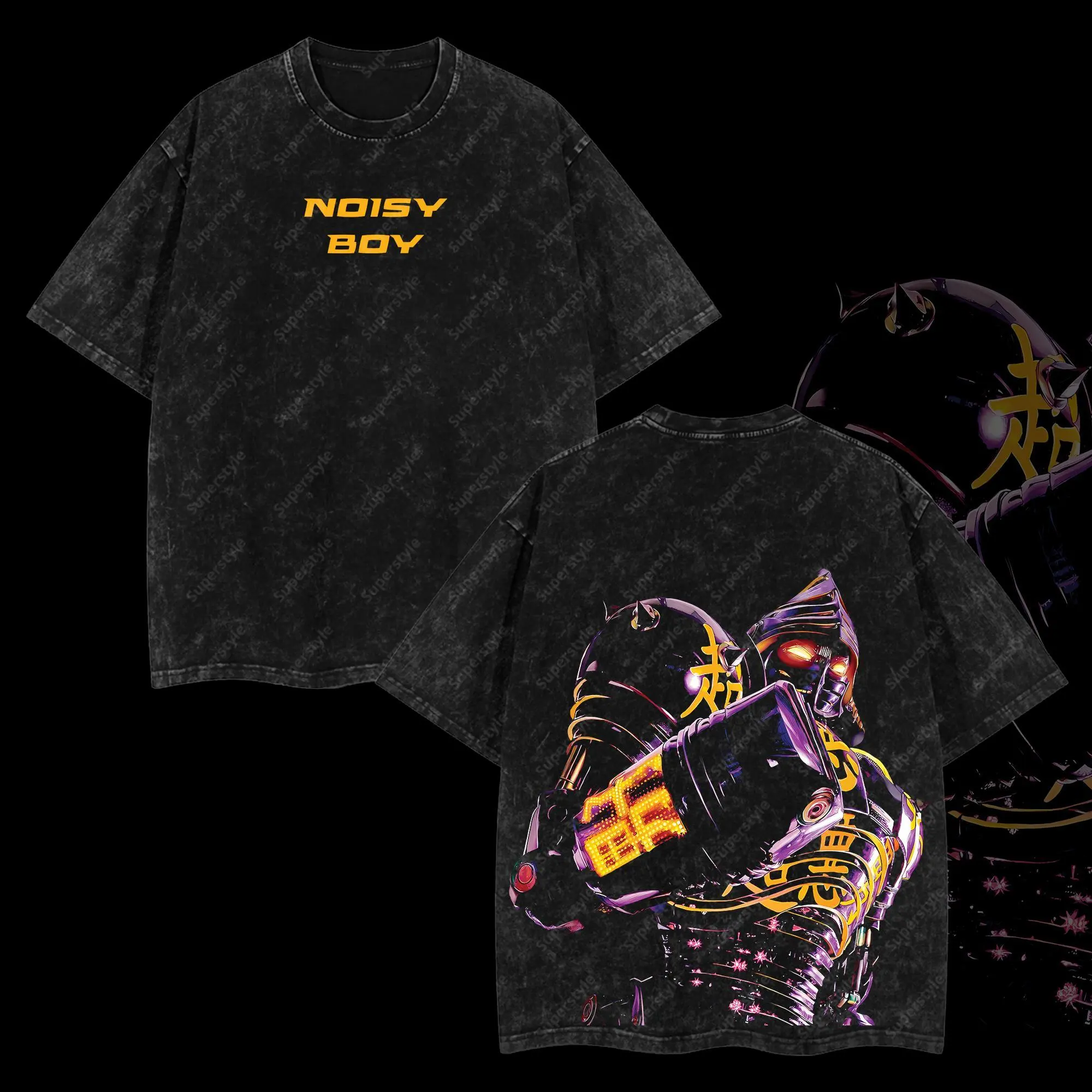 Superstyle Noisy boy - Real Steel Edition Double Printed Oversize Lightweight Acid Washed Tee TV Series Graphic Design Top Cotton Streetwear Movie T-Shirt Clothes Menswear Womenswear Apparel Classic