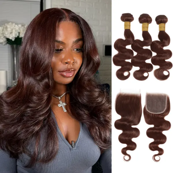 ALHER #4 Chocolate Brown Bundles with 2x6 Long Deep Part Closure Dark Brown Colored Wavy Bundles with 4x4 Free Part Closure Color #4 Dark Brown Bundles with Ear to Ear Lace Frontal Closure 100% Virgin Remy Hair 4 Bundles with 2x6/4x4 Closure