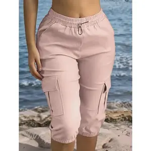 Flap Pocket Capris Cargo Pants, Casual Drawstring Solid Color Sporty Pants, Women's Clothing