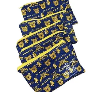 Satin Lined Zipper Pouch with Aggie Dog Print and Yellow Zipper for Stylish Organization - Handmade Cotton Outer Fabric with Silky Satin Interior