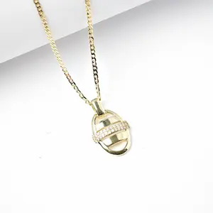 14K Laminated Gold Oval Pendant Necklace with CZ Accent 2mm Chain 16 18 22 Inches Modern Design High Polish Finish Lightweight Comfortable for Daily Wear