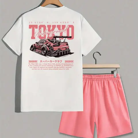 Two-Piece Set Men's Car Print Tee & Shorts, Regular Fit Casual Style Set Round Neck Short Sleeve T-shirt & Track Shorts, Men's Summer Clothes, Summer Outfit Set