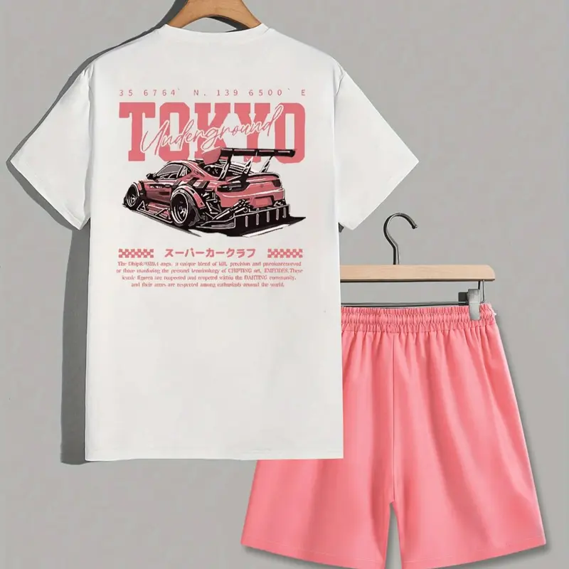 Two-Piece Set Men's Car Print Tee & Shorts, Regular Fit Casual Style Set Round Neck Short Sleeve T-shirt & Track Shorts, Men's Summer Clothes, Summer Outfit Set
