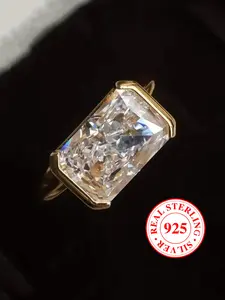 S925 Sterling Silver Ring Square Cut Gold Color Geometric Rings for Women, Elegant Engagement Ring, Anniversary Gifts, Casual Jewelry Gift for Birthdays & Anniversaries（with Box）