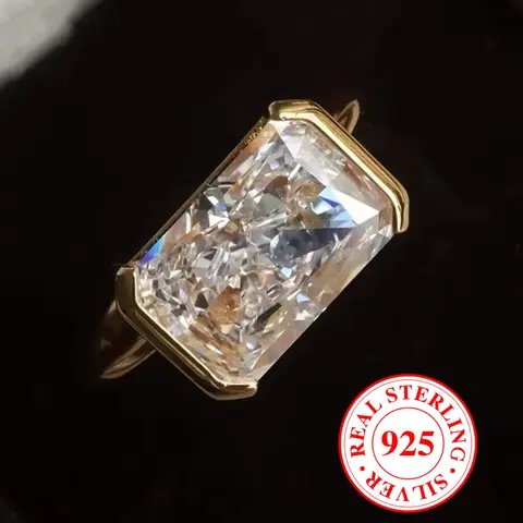 S925 Sterling Silver Ring Square Cut Gold Color Geometric Design Ring for Women, Elegant Engagement Ring, Anniversary Gifts, Casual Jewelry Gift for Birthdays & Anniversaries（with Box）
