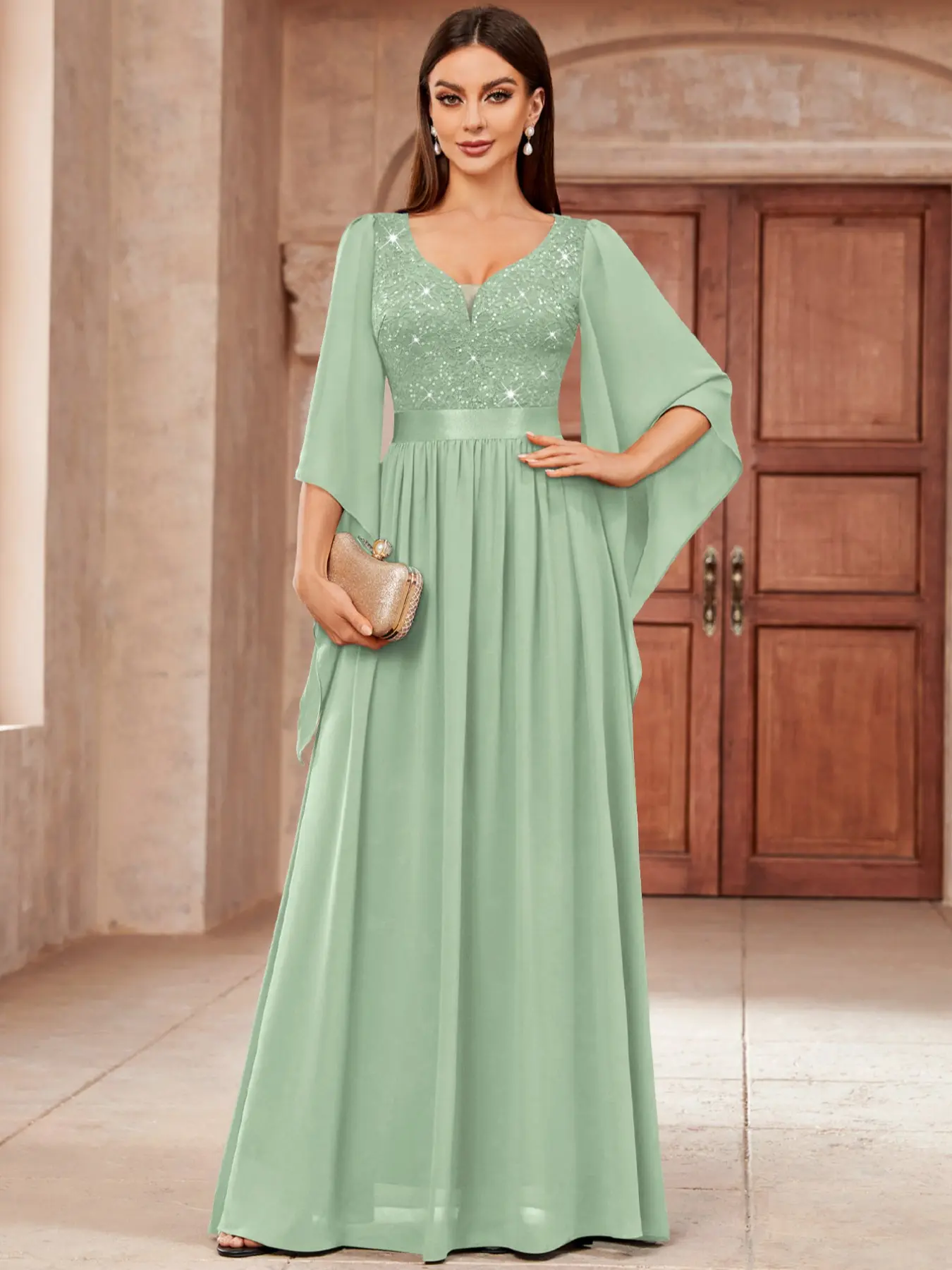MIUSOL 53303 Deep V-Neck Sequin Insert Sparkly Floral Lace Chiffon Flowy Sleeve Formal Prom Party Maxi Dress, Elegant Party Dress For Women, Formal Evening Gown, Lace Embroidery Design, Perfect for Special Occasions, Stylish Women's Clothing