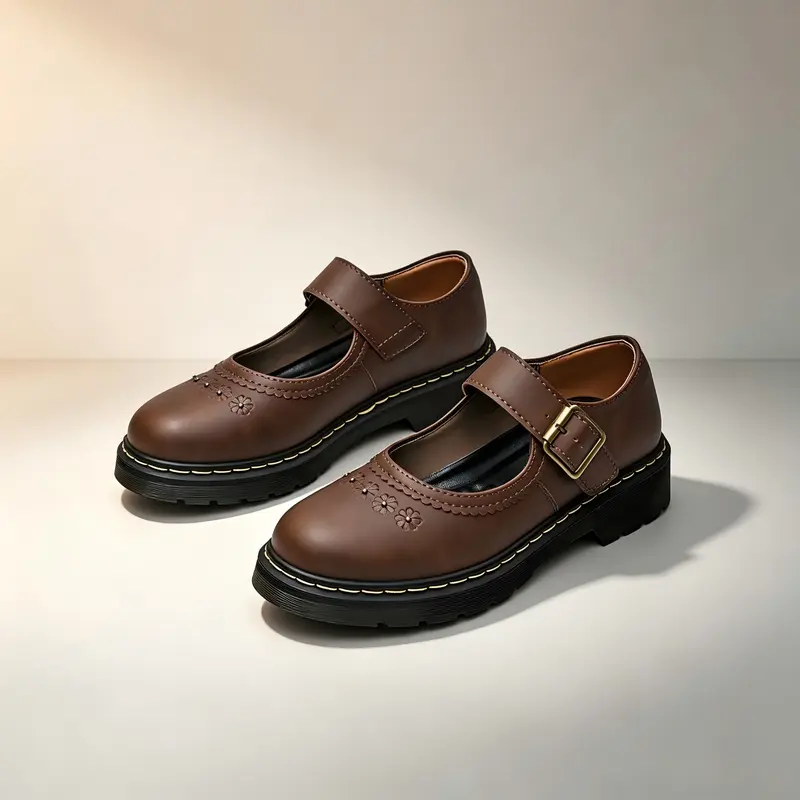 Women's Brown Vintage Embossed PU Leather Strappy Mary Jane Style Walking Shoes - T-Strap Buckle Low-Top, Round Toe, Slip-On, Non-Slip Rubber Grip Sole, Lightweight Basic All-Seasons Casual Footwear