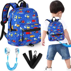 Toddler Backpack Leash with Anti Lost Wrist Link, Cute Mini Child Walking Harnesses Keep Kids Close Back Pack Rope Tether Rein for Baby Boys (Blue/Excavator)