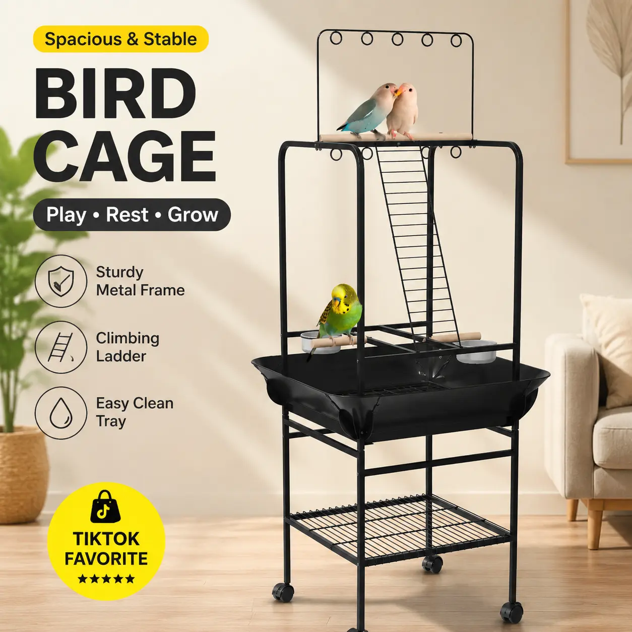 littleox PawHut Bird Stand with Wheels, Parrot Stand with Perches, Stainless Steel Feed Bowls, Pull-Out Tray, Toy Hanger, Bird Play Stand for Indoor Outdoor Small Parrot, Dark Gray