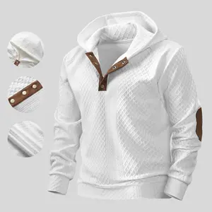 Men's Solid Color Half Placket Button Design Pullover Hoodie with Jacquard Pattern, Suitable for Spring and Autumn Seasons