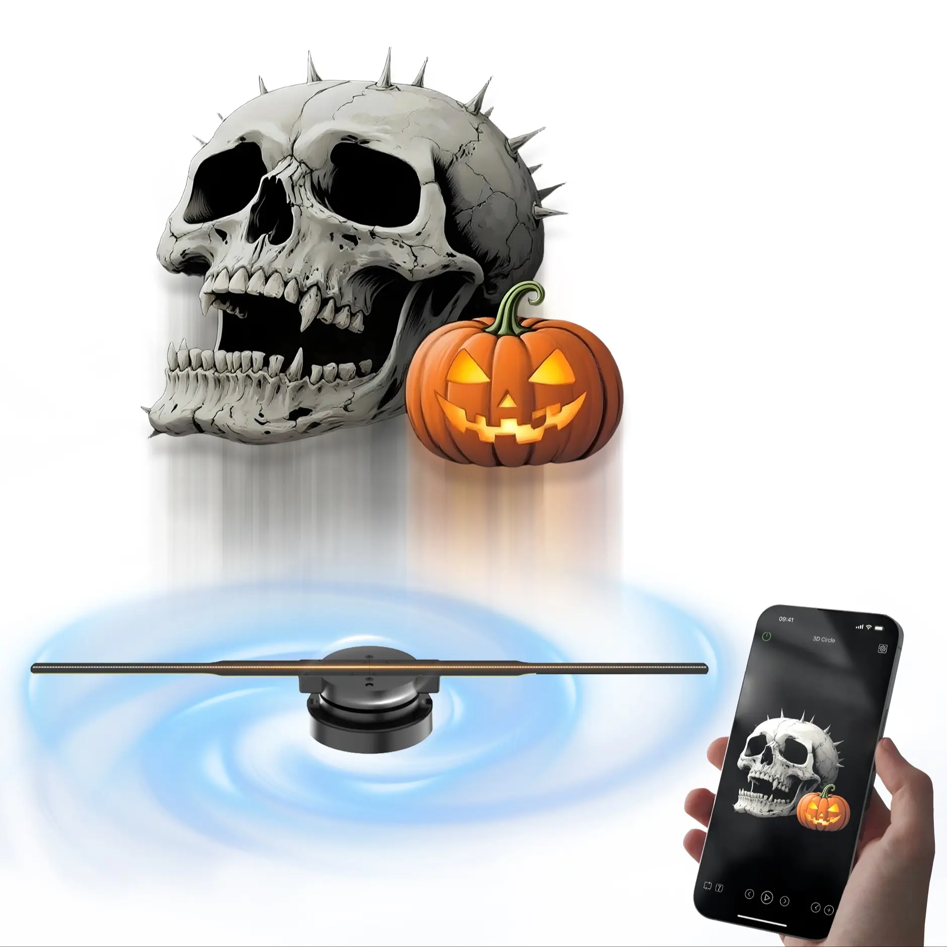 3D Holographic Projector Light, Stand sold separately, 42cm Fan Blade, Plug and Play, APP Controlled,Customizable materials, 234 RGB Leds, Ideal for Festivals, Parties, Ads