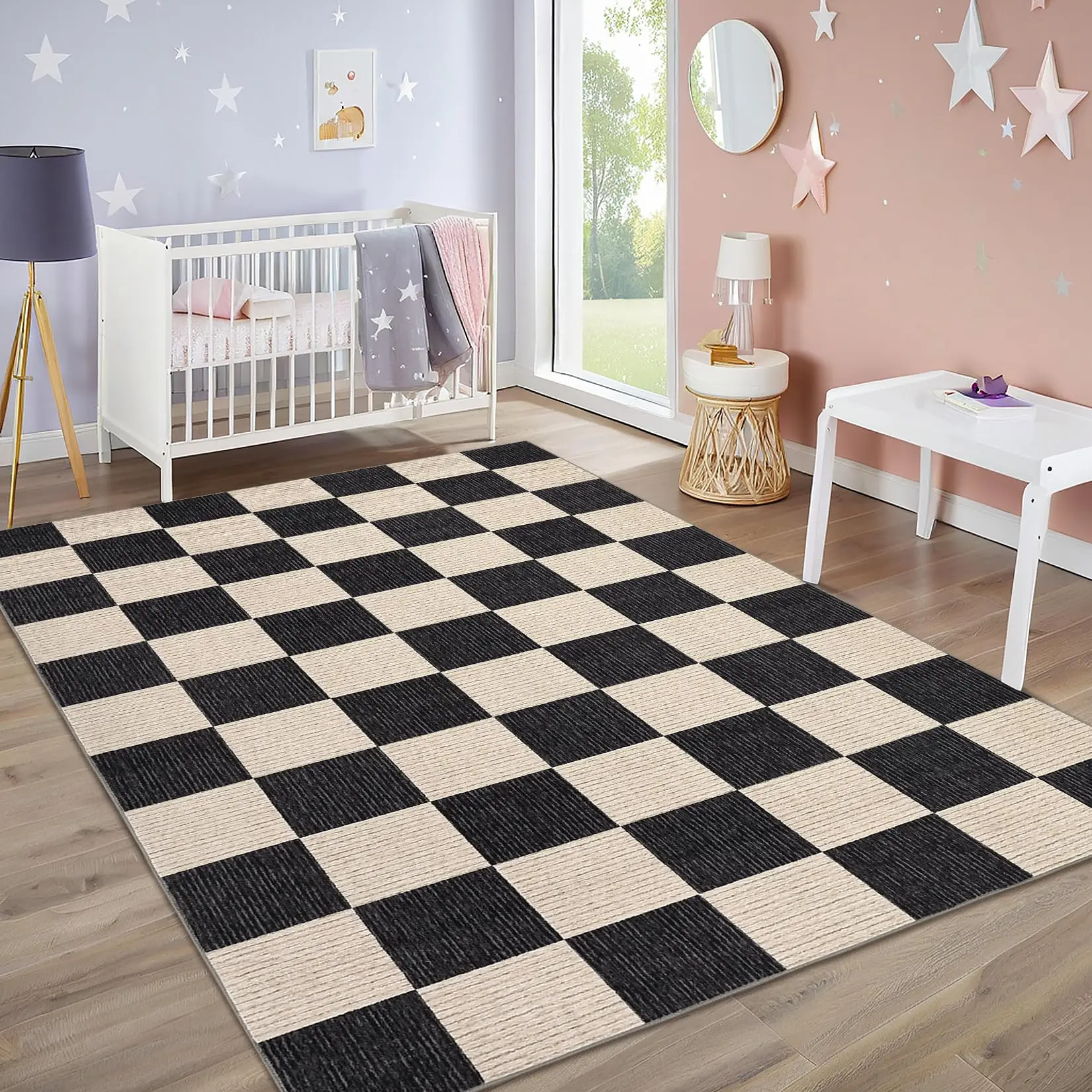 Washable Rug 5x7 Modern Checkered Area Rug for Living Room, Soft Non Shedding Indoor Office Carpet, Low Pile Stain Resistant Rugs for Bedroom, Dining Room, Nursery, Balcony, Black and Beige