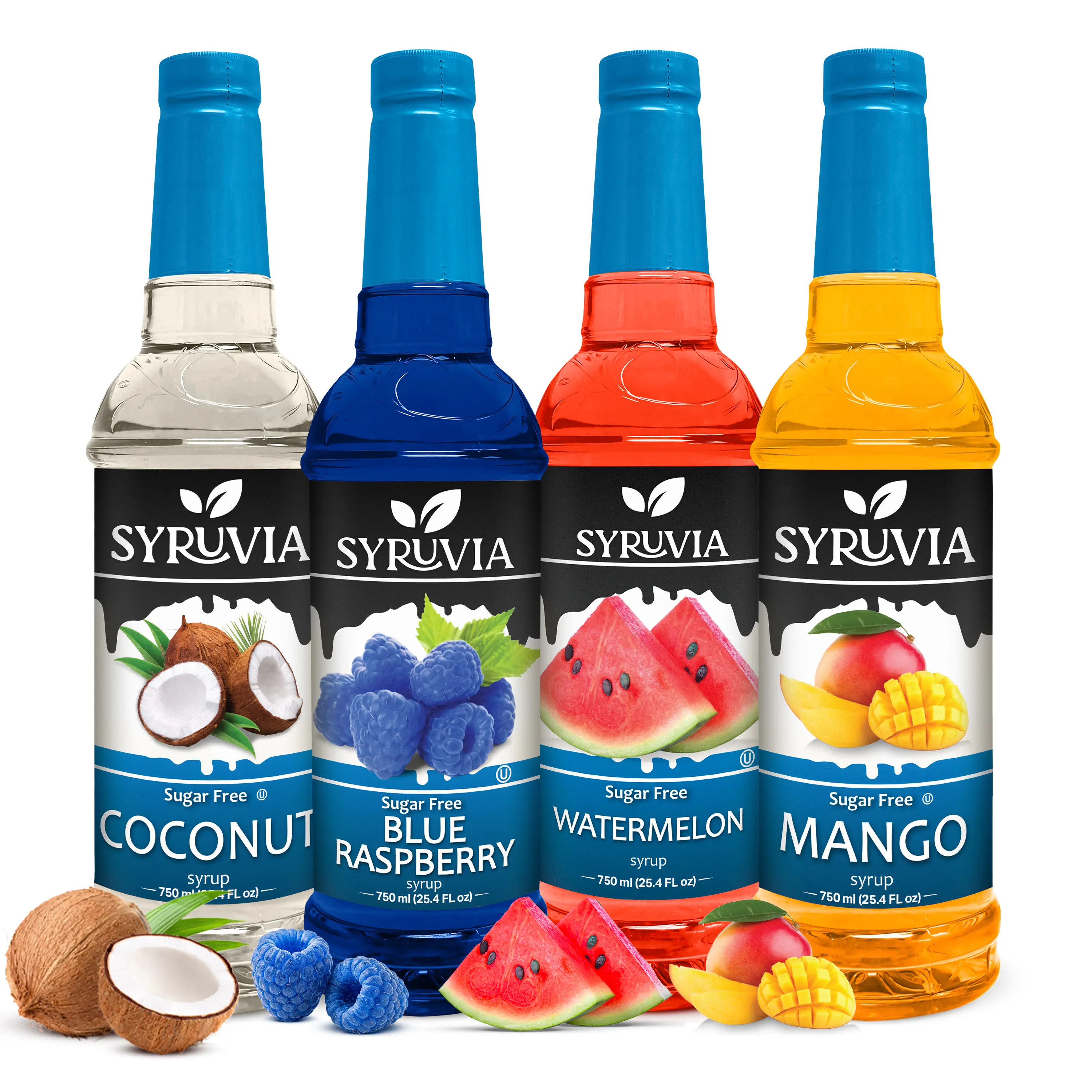 Syruvia Sugar Free Fruity Syrups & Concentrates Variety Pack - Coconut, Blue Raspberry, Watermelon, Mango - 750ml (25.4 fl oz) Bottles, Gluten-Free, Kosher, 4-Pack - Ideal for Cocktails, Low Sugar Dessert, No Sugar Added, Sugar Free Syrups & Concentrates