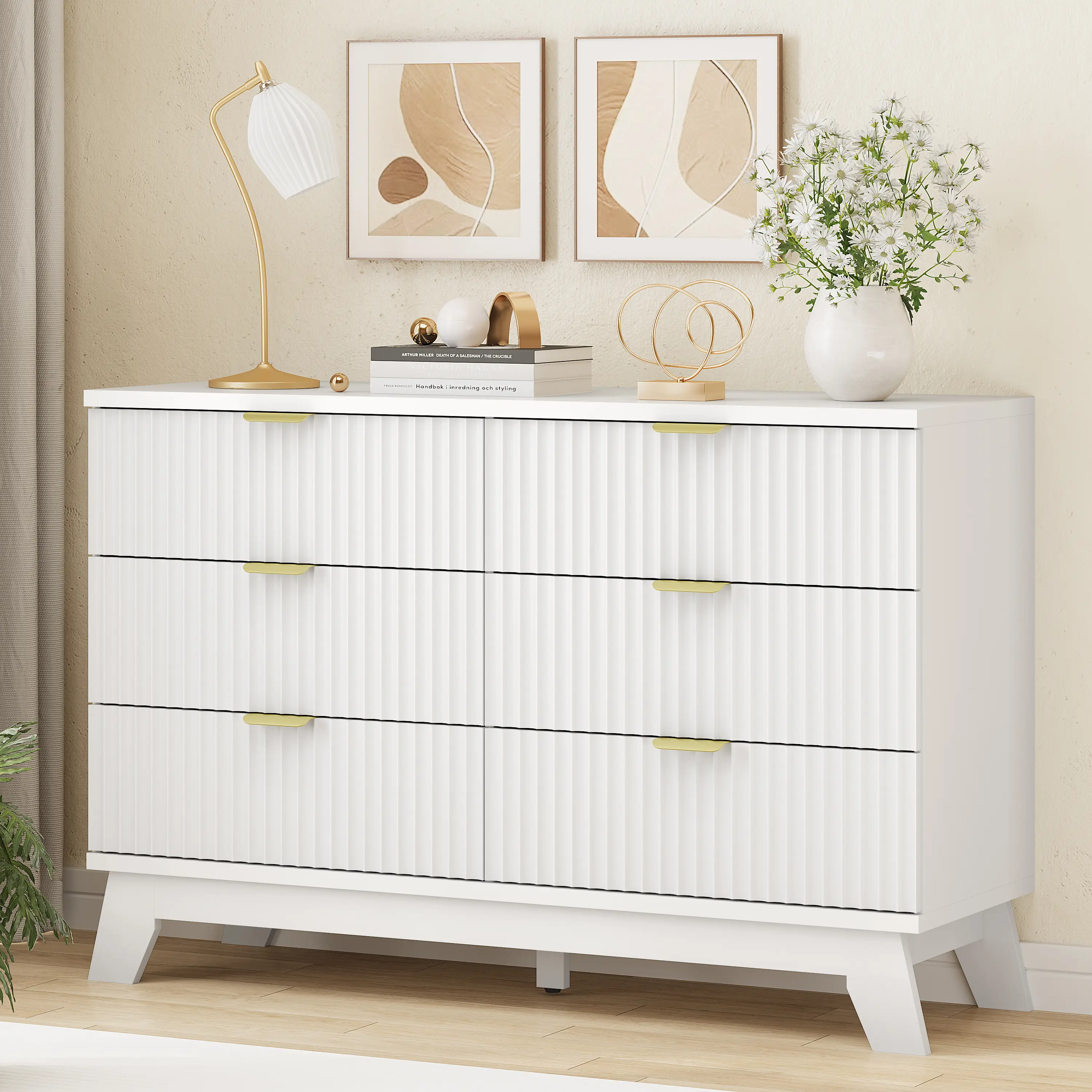 White Cabinets,6-drawer dressing cabinet, long bedside table with drawers and storage cabinets, Bohemian solid wood dressing table TV stand, medieval modern bedside table, suitable for bedroom wardrobes Fluted Dresser fathers day gift ideas
