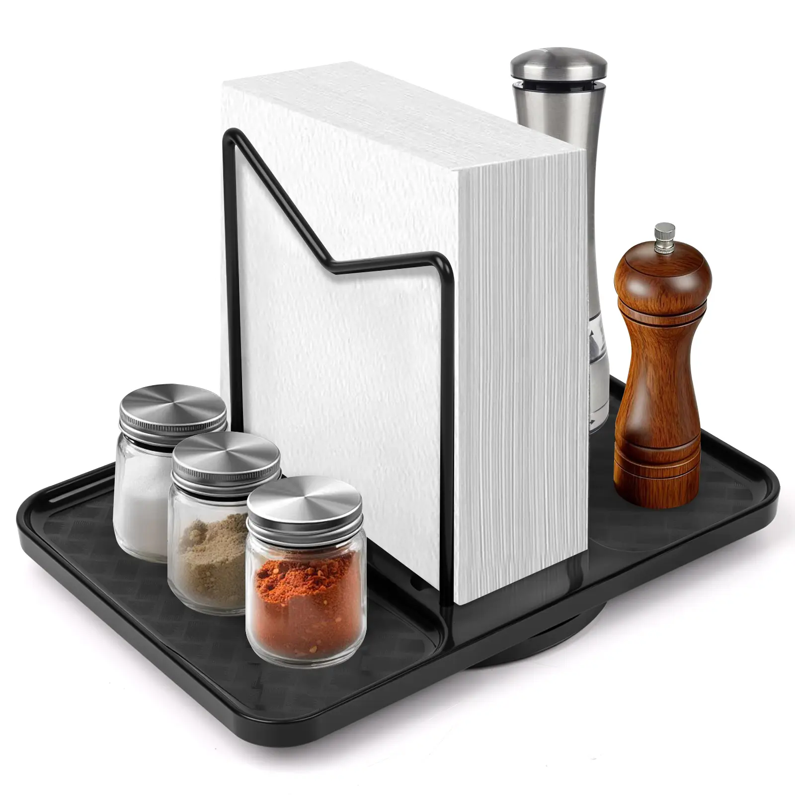 Multifunctional 2-in-1 Rotating Napkin Holder & Condiment Server Caddy, 360° Lazy Susan Tray with Adjustable Storage for Dining Table, Modern Tableware Rests for Kitchen Counter (Shakers Not Included)