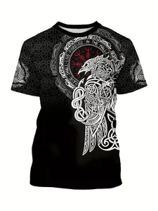 Men's Mexican Culture Maya Tribal Print T-Shirt Fitted Streetwear, Short Sleeve Round Neck with Cactus and Snake Patterns, Gift in Cultural
