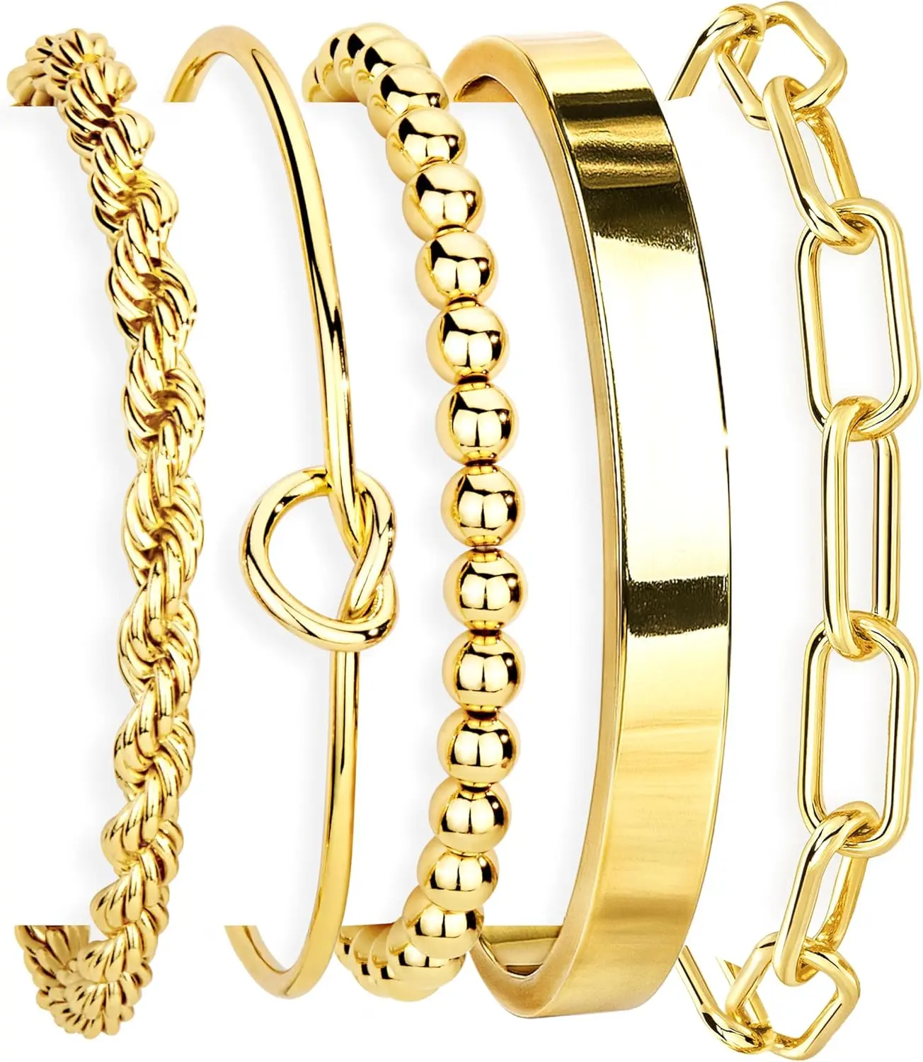 Mothers Day Gift Gold Bracelets Set for Women Non Tarnish, Waterproof 14K Gold Plated Sterling Silver Chunky Cuff Bracelet Stackable Gold Bangles Bracelet for Women Trendy Fashion Accessories Tie Knot Cuban Rope Paperclip Beaded Bracelet