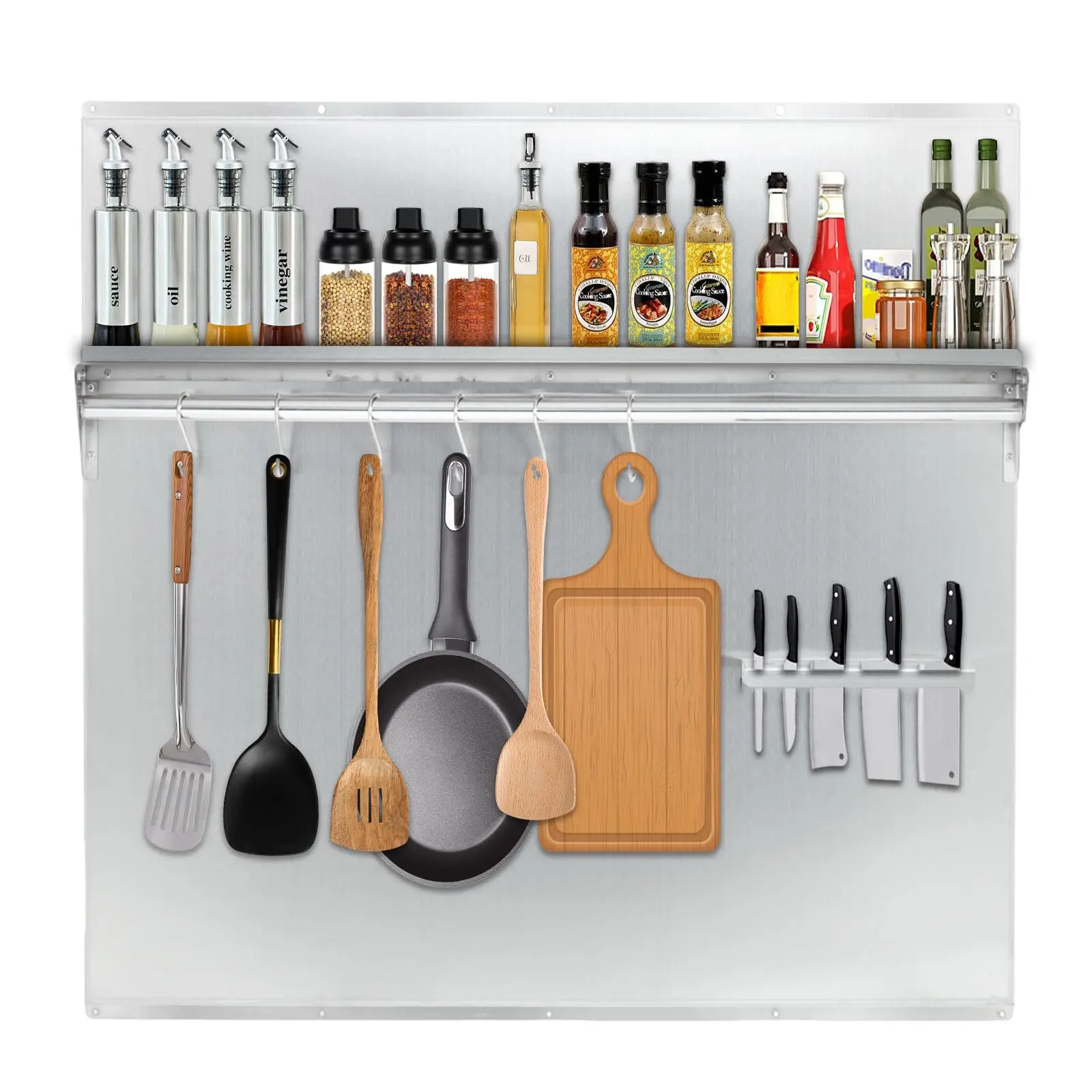 Stainless Steel Range Backsplash 29.5"x29.5" with Shelf & Knife Rack, Wall-Mounted Commercial Backsplash for Stove Hood - Easy Install, No Drilling