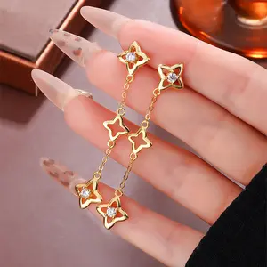 S925 Sterling Silver Tassel Earrings - Intricate Four-Leaf Clover Charm with Dazzling Zircon Stones,Handcrafted for Weddings, Galas & Everyday Glamour,Luxury Gift for Women