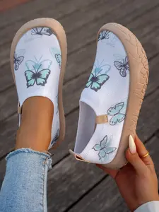 Women's Breathable Knit Slip-On Casual Shoes - Lightweight Thick Sole Walking Flats with Butterfly Print for Daily Commute, Outdoor Walks and Casual Streetwear, Casual Slip Ons
