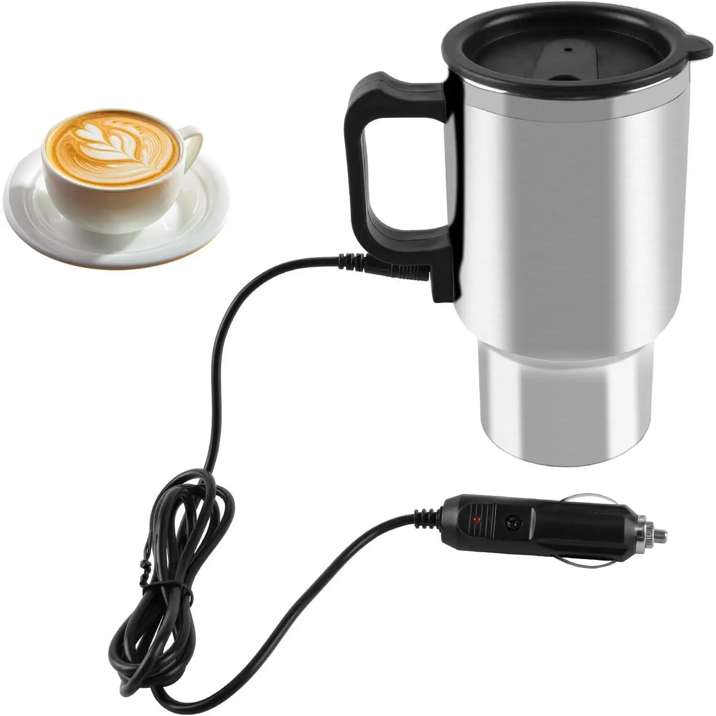 12V Stainless Steel Insulated Heating Electric Car Thermos Mug, 450ml - for Coffee Drinking, Daily Use (Silver, Stainless Steel Inner)