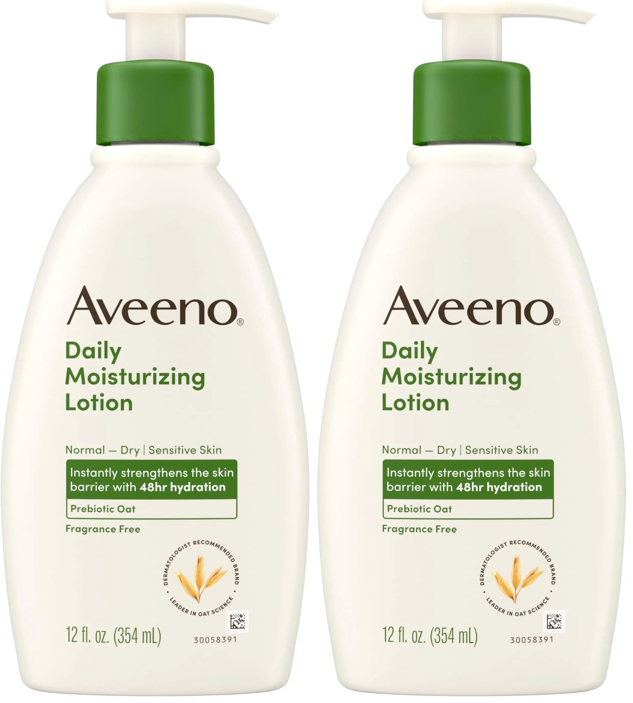 Aveeno Daily Moisturizing Body Lotion with Soothing Prebiotic Oat, Gentle Lotion Nourishes Dry Skin With Moisture, Paraben-, Dye- & Fragrance-Free, Non-Greasy & Non-Comedogenic, 12 fl. Oz (Pack of 2)
