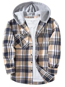 【plus size】 plaid print button front drawstring hooded shirt, casual regular fit long sleeve pocket top for daily wear, men's clothing for all seasons