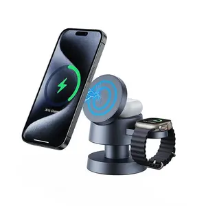 Magnetic Wireless Charger, Electronic Gadget, Cordless Charging, 4-In-1 Portable 15w Fast Charging Station for iPhone AirPods Apple Watch, Dual Adjustable LED Lights, Magnetic Charger Base