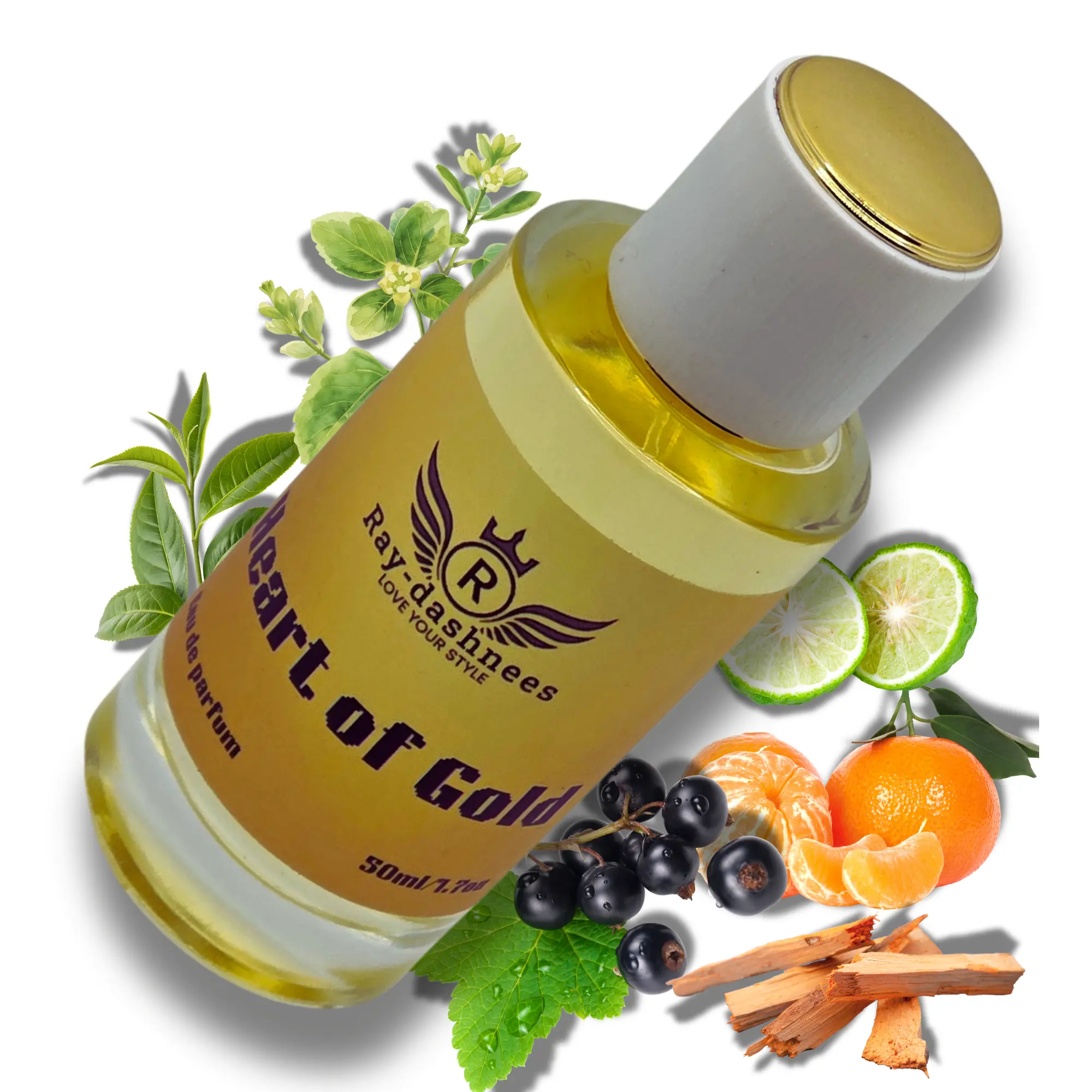 Heart of Gold Eau De Parfum Spray 1.7 oz by Ray-dashnees | Citrus, Fresh, Aquatic, Green, Musky, Aromatic, Fruity, Woody. aromatic, powdery, fresh spicy. gourmand perfumes