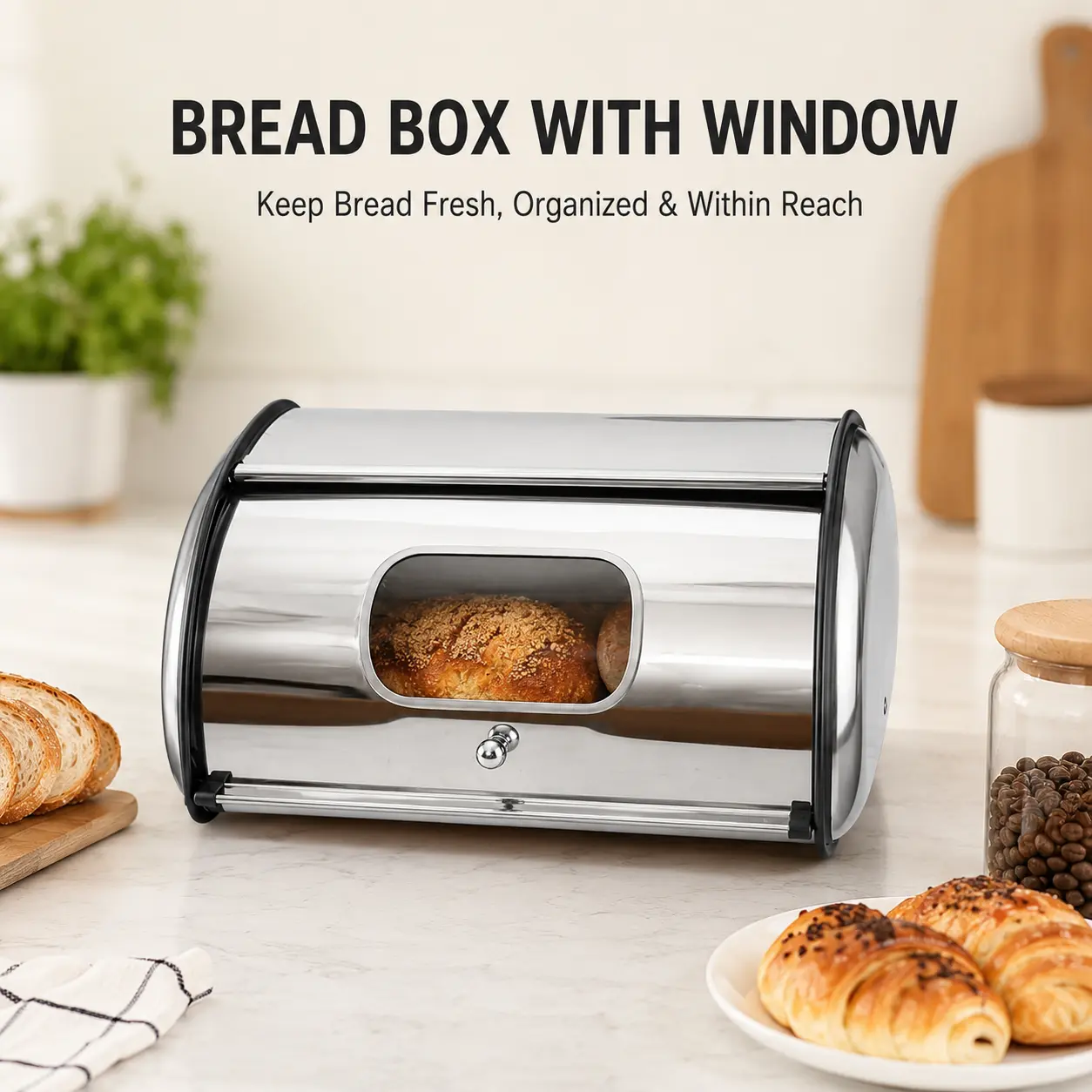 Stainless Steel Bread Box for Countertop - Smooth Roll-Top Lid, Handy Window, Sturdy Kitchen Organiser for Homemade Bread, Sandwich, Baguette, Counter Storage