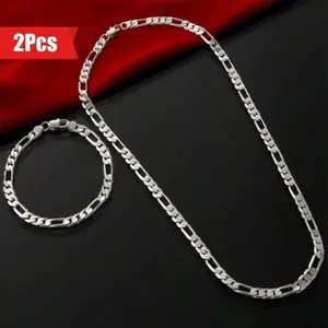 Fashion Elegant Men's 925 Silver Plated Figaro Chain Necklace And Bracelet Set Jewelry Set