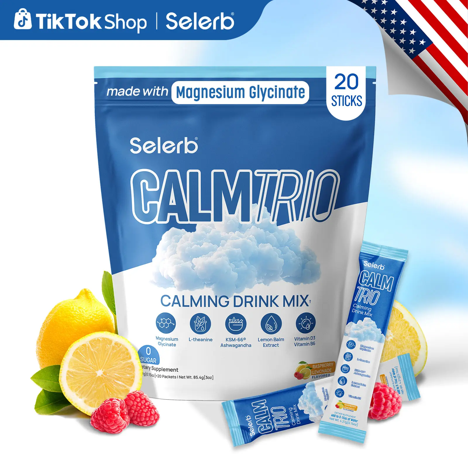 CalmTrio Cutting Drink Mix - Magnesium Glycinate, L-Theanine, KSM-66 Ashwagandha, Lemon Balm, Vitamin D3, B6 | Supplements for Relaxation, Focus & Calm - Raspberry Lemon - 20 Servings