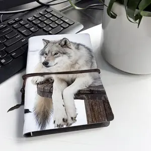 A6 Composition Notebook, Daily Planner, 160 Pages, Vintage Paper, Metal Leaf Accent, Wolf, Wooden Stump Cover, Perfect for Notes