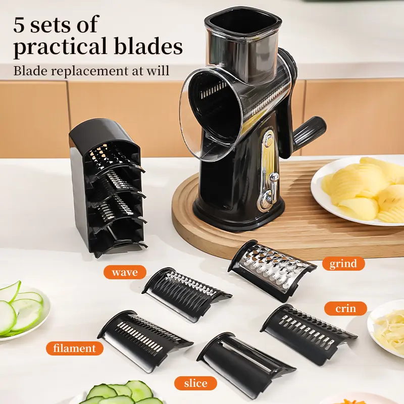 5-in-1 Rotary Vegetable Slicer & Cheese Grater Kitchen Utensils - Manual Multi-Blade Food Chopper, Adjustable Shredder for Efficient Potato, Cucumber Prep