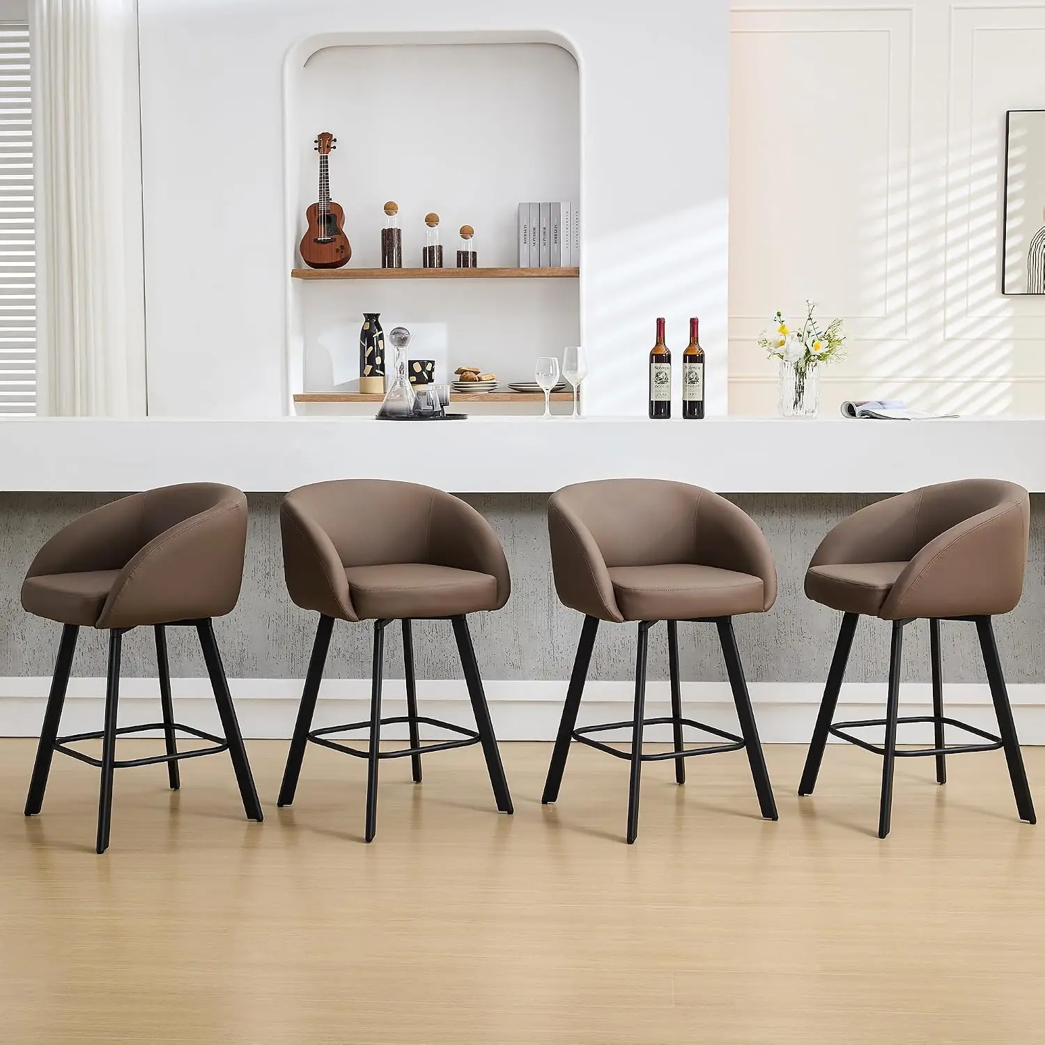 FIRAVOE Modern Bar stool Set of 2-4, 26-30" Swivel Bar Height Chairs with Back and Arms, PU Leather Upholstered for Bar, Kitchen.,dorm essentials,home decor