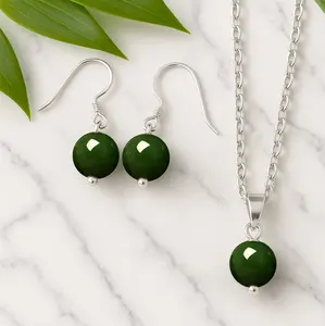 Elegant Hetian Jade Bead Jewelry Set – 925 Sterling Silver Necklace & Earrings | Viral Gift for Her