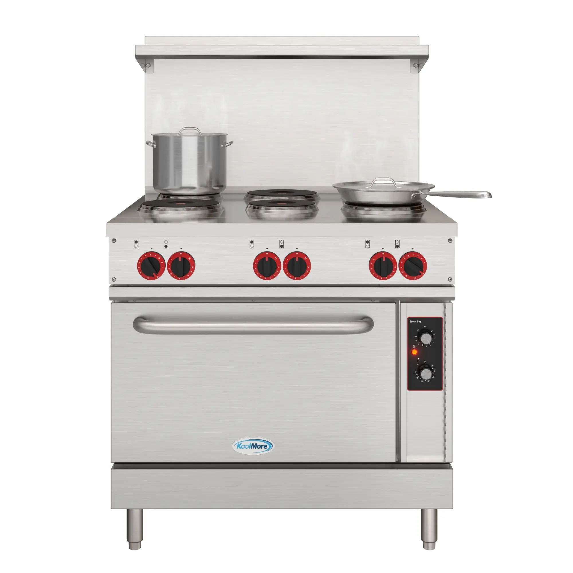 36" Hardwired Commercial Electric Range - 6 Cast Iron Burners, 5.55 Cu Ft Broiler Oven, 1.4kW Top/3.0kW Bottom, 122-500°F High-Temp Bake, Stainless Steel, 208V 3-Phase