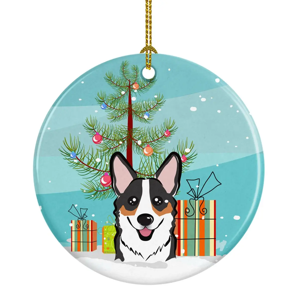Christmas Tree & Tricolor Corgi Ceramic Ornament