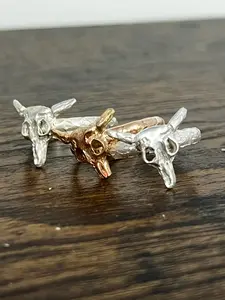 Steer Skull Ring - Silver or Gold Fill with hammered band