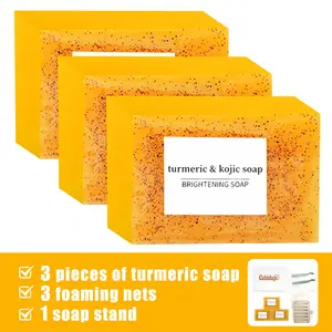 Upgraded 2.0 Turmeric & Kojic Acid Brightening Soap – Extra Strength Dark Spot Remover for Face & Body | Enhanced with Lemon + High Potency Turmeric | Includes Free Soap Dish | Organic Glow Booster