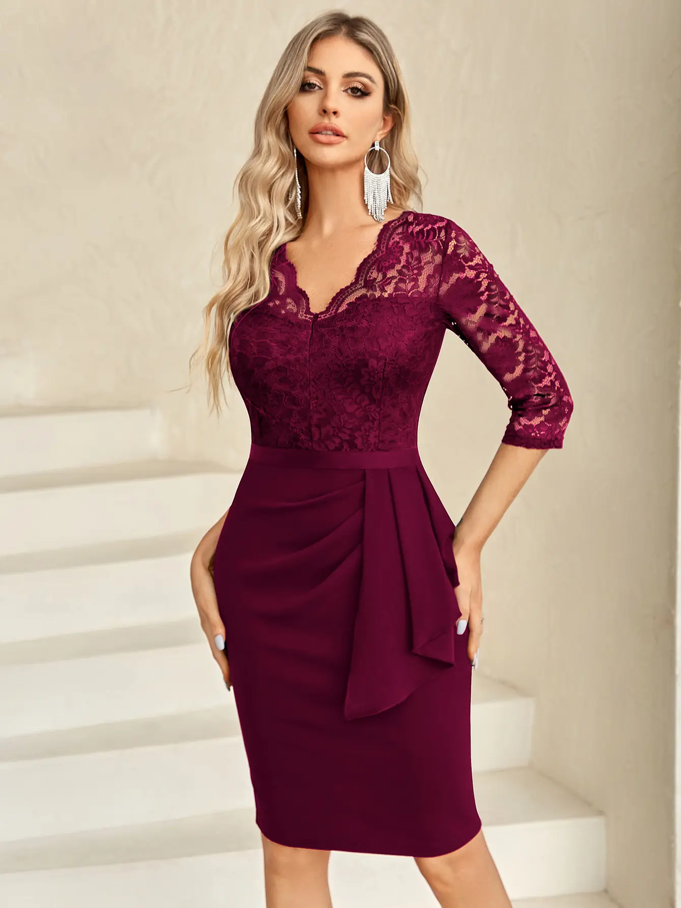 miusol women's retro floral lace slim evening cocktail mini dress MIUSOL Vintage Sequin Floral Lace Ruffle Trim Mermaid Hem Short Sleeve  Cocktail Party Fitted Dress,Wear To Work Dress,Business Dress,Semi Formal  Dress