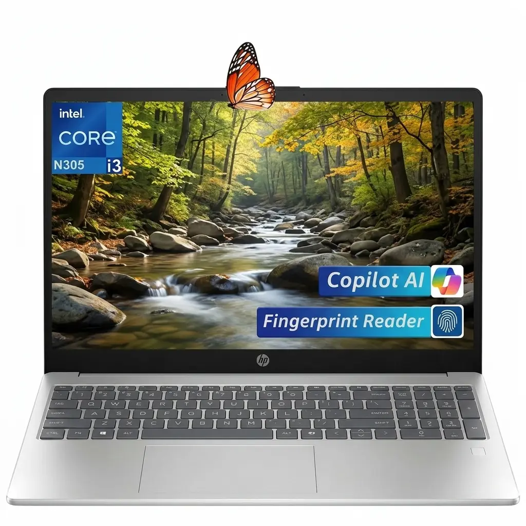 HP 15.6" Full HD IPS Micro-Edge Anti-Glare Laptop - Intel i3-N305 CPU (3.8 GHz), 8GB RAM, 256GB SSD, 3.52 lbs, Silver, FR ID, Fingerprint Reader, Win 11 Home, Speakers, USB 3.0, Wi-Fi, SD Card Slot, Rechargeable Battery, Student-Biz Ready