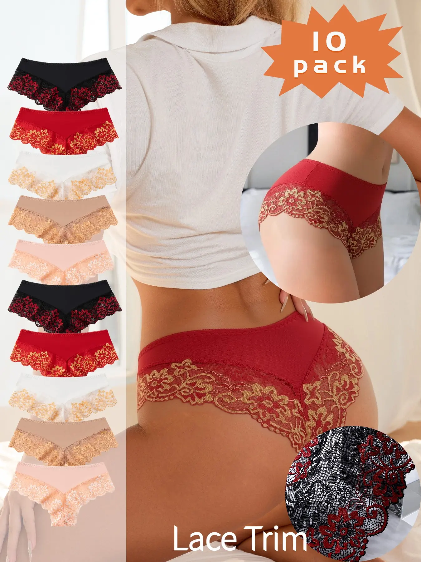 Sweet French Romantic Two-Tone Lace Women's Underwear Lingerie, Comfortable Breathable Solid Color Everyday Elegant Fashion Sexy Cutout Triangle Panties, 10 Pcs Set