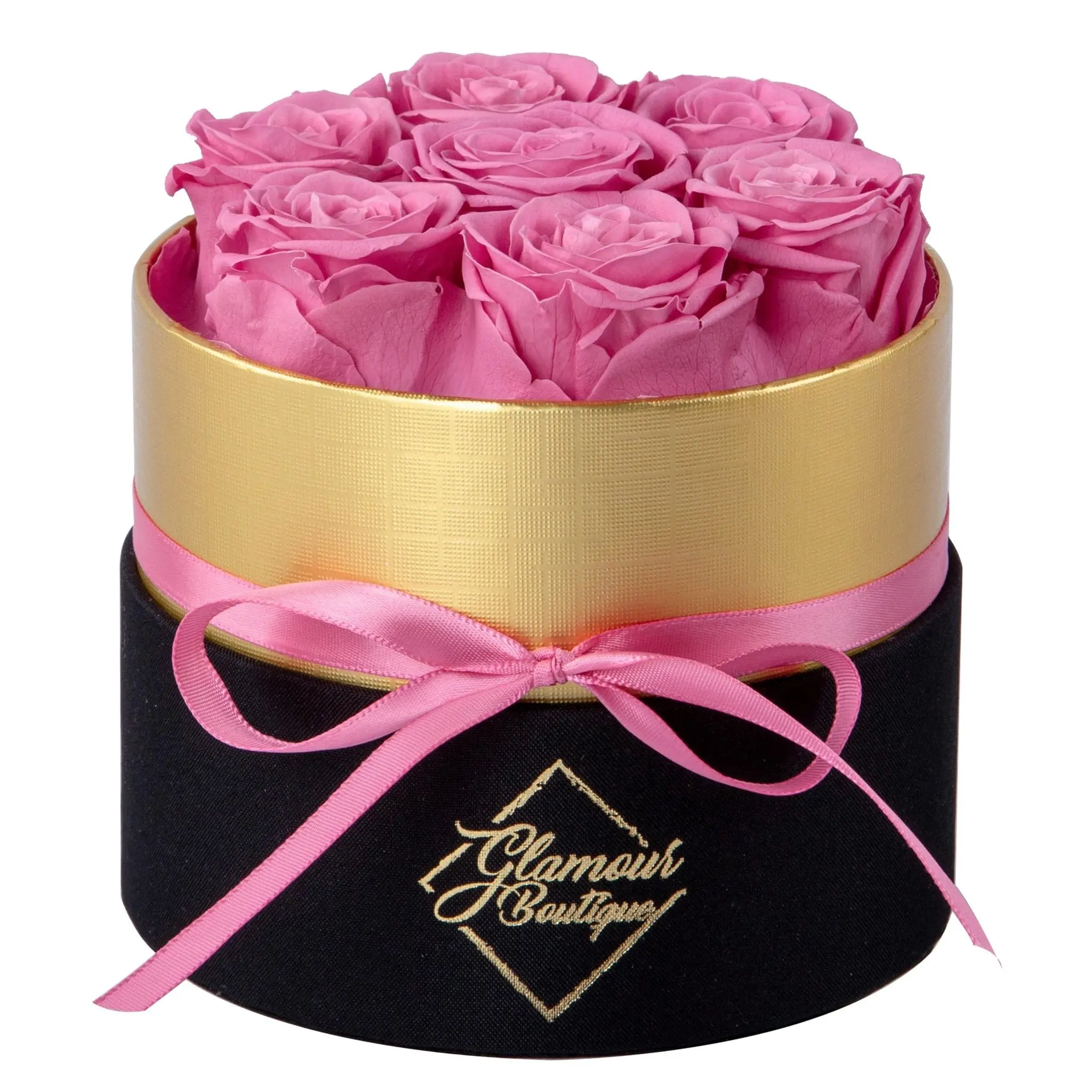 Lasting Beauty Round Black Gold Box with 7 Pink Roses, Home Room Accessories, Decorative Floral Centerpiece