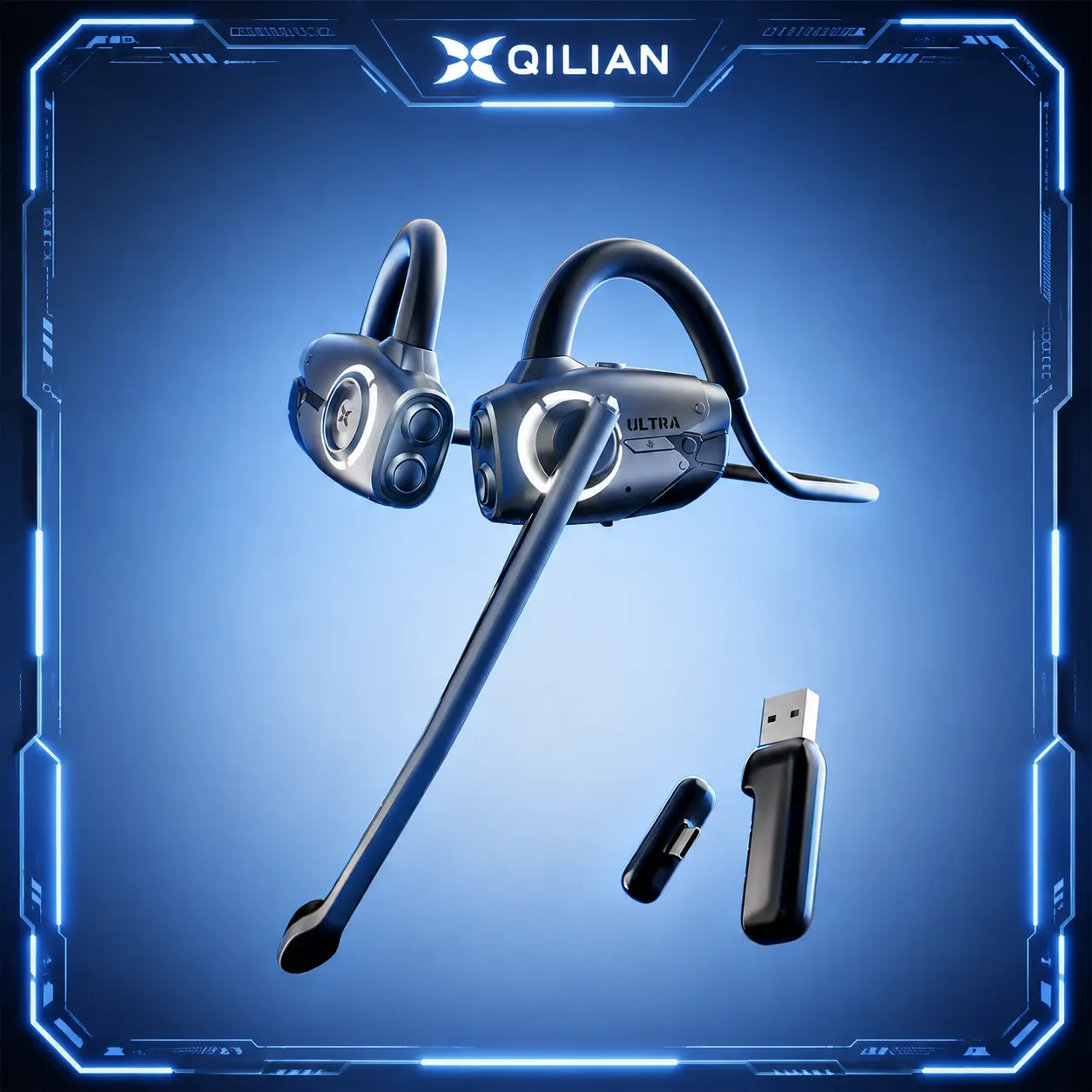 QILIAN ExtremeRealm Ultra Open-Ear Earphones - 15ms Low Latency, 2.4G/Bluetooth Dual-Mode, Magnetic Microphone, Stereophonic Sound, Adjustable Detachable Design, Instant Noise Cancellation, Ideal for Streaming Devices