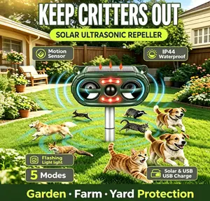 Solar Ultrasonic Animal Repeller, Motion Sensor & Flashing Light, IP44 Waterproof 5 Modes Outdoor Pest Deterrent, Solar & USB Charging, Repels Squirrels, Cats, Deer, Raccoons