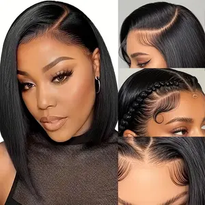 Glueless Staight Short Bob Wig  Pre Plucked Hairline Pre-Cut Lace Wig 180% Density HD Transparent Lace Closure Wigs Human Hair for Black Women Short Straight Bob Wigs No Glue 5x5 Lace Closure Wigs Beginner Friendly Gift for Girlfriend/Wife/FamilySpringtok