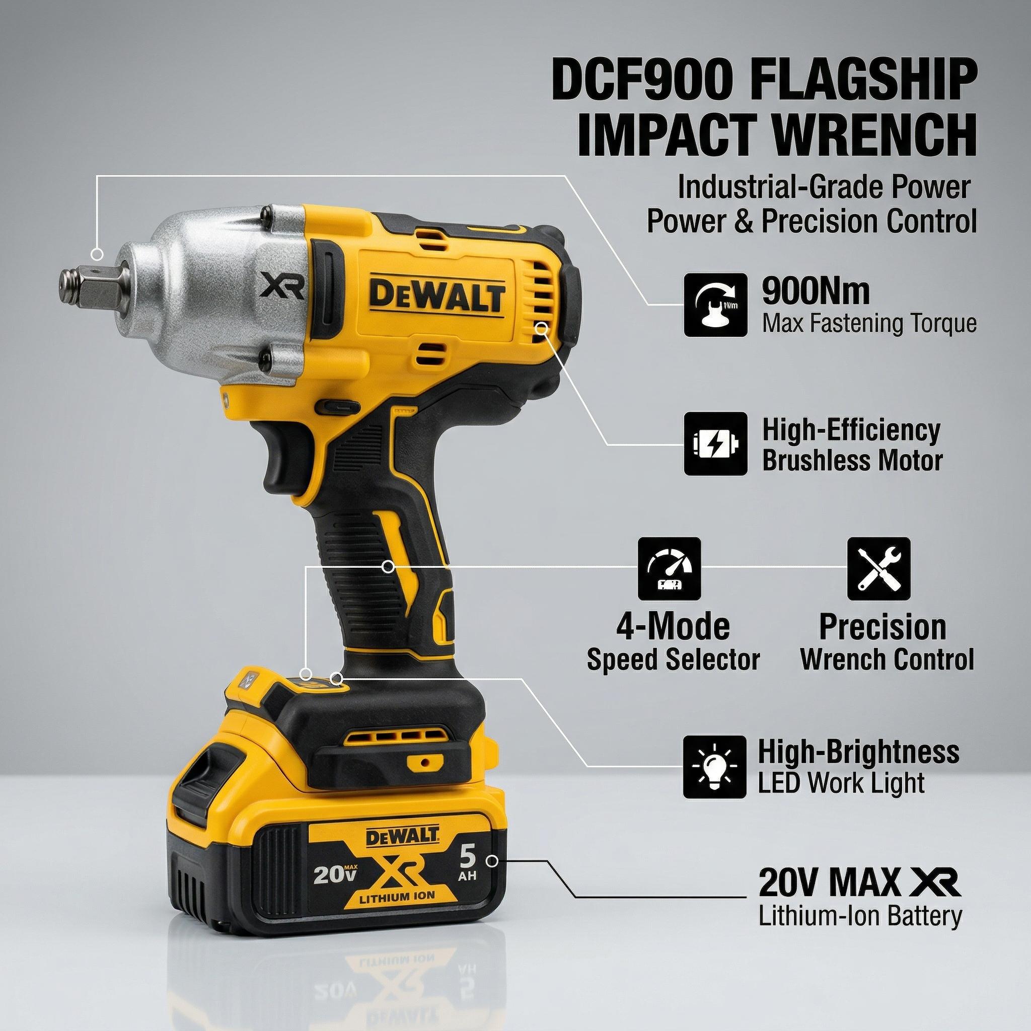 DEWALT DCF900B 20V MAX XR Brushless High Torque 1/2-Inch Impact Wrench with Hog Ring Anvil Delivering 1030 ft-lbs Max Fastening Torque and 1400 ft-lbs Breakaway Torque for Heavy Duty Automotive and Construction